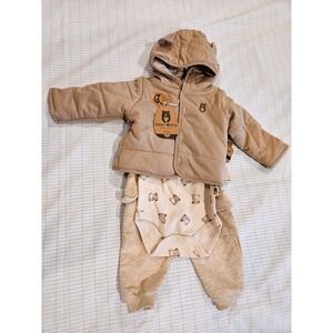 Rabbit Bear Organic Baby 3pc Set Reversible Hooded Jacket Bodysuit Pants 6-9M